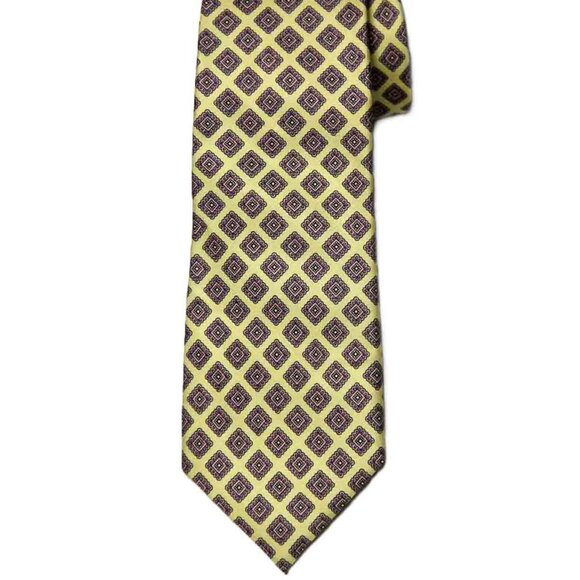 Aquascutum London English Silk Tie Yellow Fancy Geometric Men's Short - Picture 1 of 2